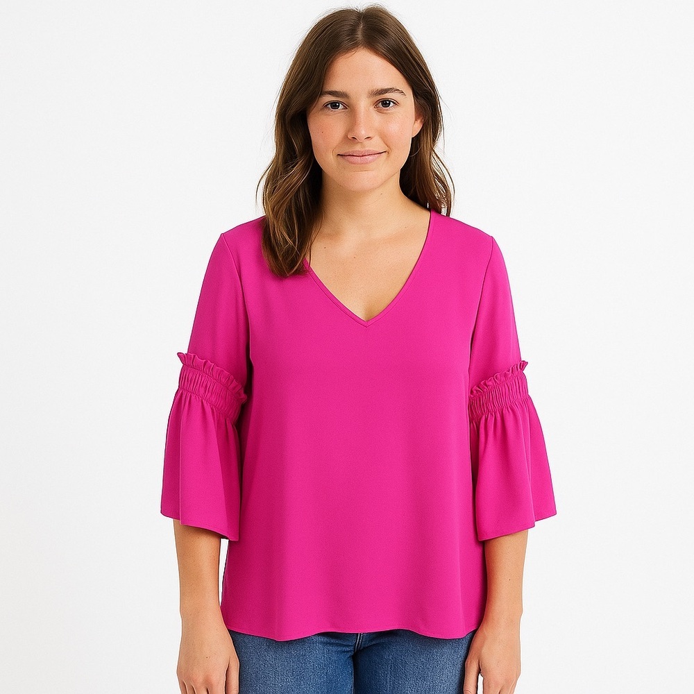 vine & love bright pink 3/4 three quarter length long sleeve blouse v neck prep